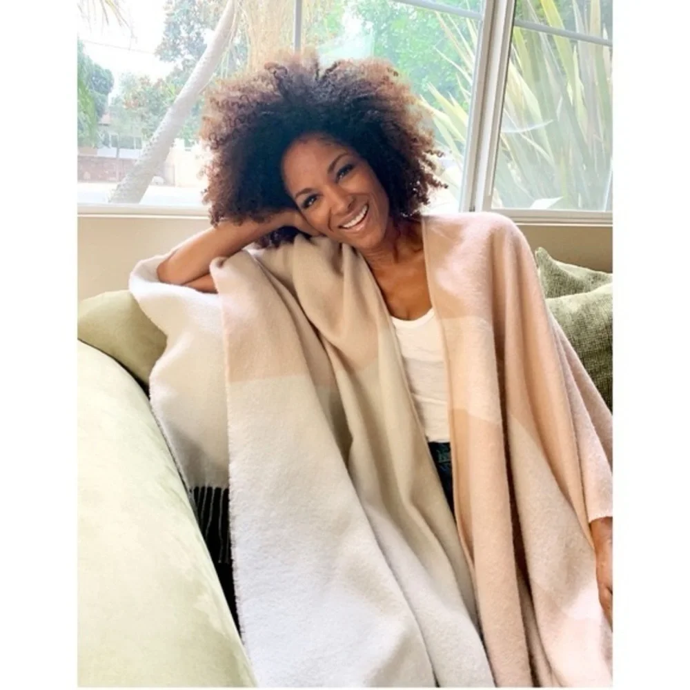 SOIA & KYO • Yadira Woven Scarfigan wrap shawl poncho scarf pink beige fringed